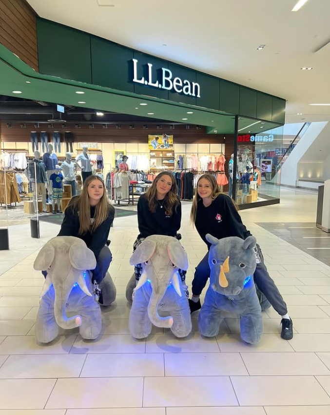 Teenagers riding plush elephants through a shopping mall
